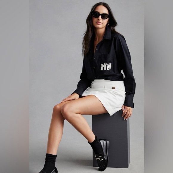 Maeve Black Button Down Shirt Top w/Dog Pet Appliqué, Size XXS NWT - Picture 2 of 8